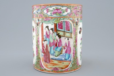 Five Chinese famille rose and blue and white vases, a teapot and a Canton rose brushpot, 19/20th
