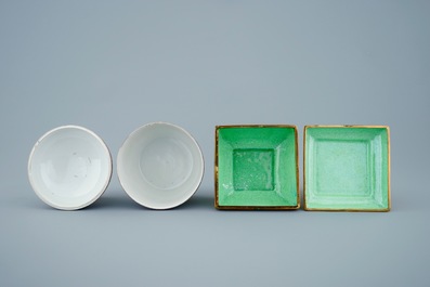 Two Chinese famille rose and Canton enamel cups and saucers and covered boxes, 19/20th C.