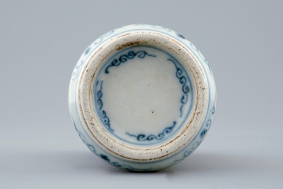 An unusual Chinese blue, white and underglaze red snuff bottle with animals, 18/19th C.