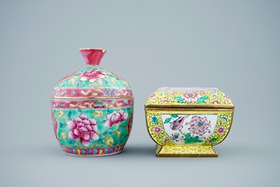 Two Chinese famille rose and Canton enamel cups and saucers and covered boxes, 19/20th C.