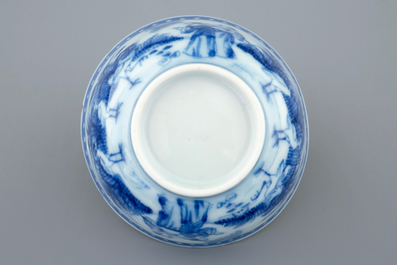 A Chinese blue and white cup and saucer with "La Dame au Parasol" after Pronk, ca. 1740