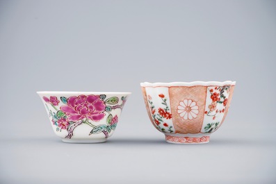Two Chinese verte-Imari and famille rose cups and saucers, Kangxi/Yongzheng