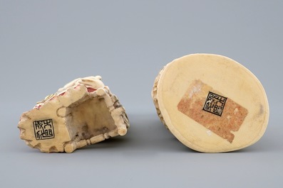 Een paar polychrome Chinese ivoren figuren van muzikanten, ca. 1900
