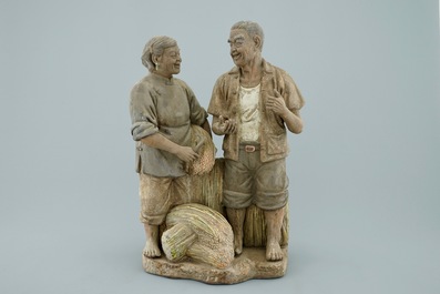 A set of 3 large Chinese partly glazed signed pottery groups, poss. Shiwan, 20th C.