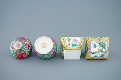 Two Chinese famille rose and Canton enamel cups and saucers and covered boxes, 19/20th C.