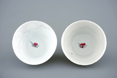A pair of Chinese famille rose cups and saucers with deer, Yongzheng, 1723-1735