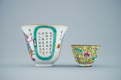Two Chinese famille rose and Canton enamel cups and saucers and covered boxes, 19/20th C.