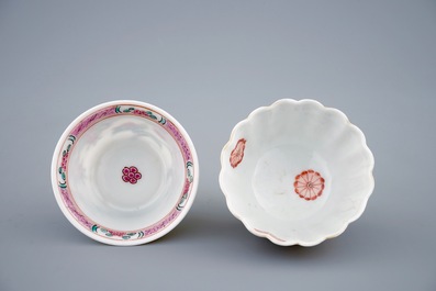 Two Chinese verte-Imari and famille rose cups and saucers, Kangxi/Yongzheng