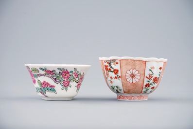 Two Chinese verte-Imari and famille rose cups and saucers, Kangxi/Yongzheng