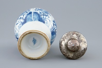A Chinese blue and white silver-mounted tea caddy, Kangxi