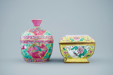 Two Chinese famille rose and Canton enamel cups and saucers and covered boxes, 19/20th C.