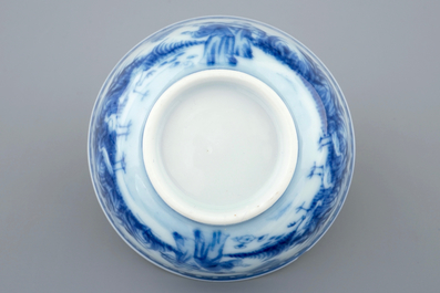 A Chinese blue and white cup and saucer with "La Dame au Parasol" after Pronk, ca. 1740