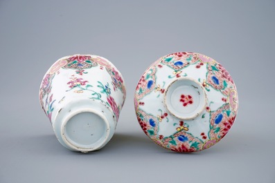 A Chinese famille rose hexagonal covered cup and saucer, Qianlong, 18th C.