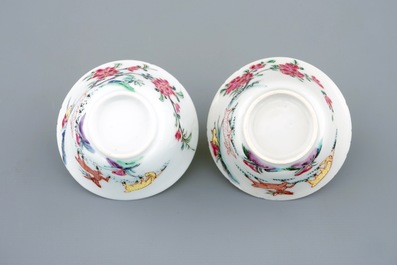 A pair of Chinese famille rose cups and saucers with deer, Yongzheng, 1723-1735