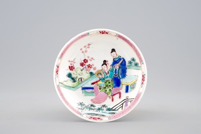 Een Chinese famille rose eierschaal kop en schotel met een tuinsc&egrave;ne, Yongzheng, 1723-1735