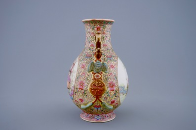 A Chinese famille rose hu vase, Republic, 20th C.