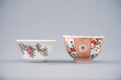 Two Chinese verte-Imari and famille rose cups and saucers, Kangxi/Yongzheng