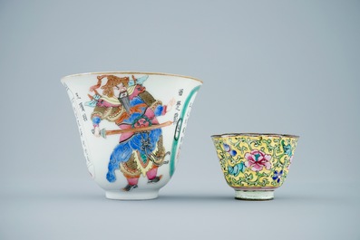 Two Chinese famille rose and Canton enamel cups and saucers and covered boxes, 19/20th C.