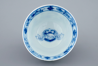 A Chinese blue and white cup and saucer with "La Dame au Parasol" after Pronk, ca. 1740