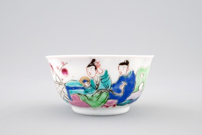 Een Chinese famille rose eierschaal kop en schotel met een tuinsc&egrave;ne, Yongzheng, 1723-1735