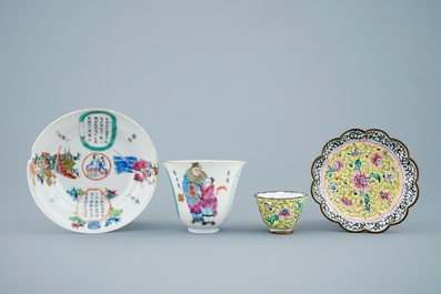 Two Chinese famille rose and Canton enamel cups and saucers and covered boxes, 19/20th C.