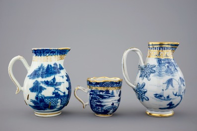A Chinese blue, white and gilt part tea service with landscapes, Qianlong, 18th C.