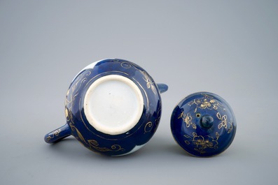 A Chinese famille rose powder blue ground teapot and cover, Yongzheng, 1723-1735