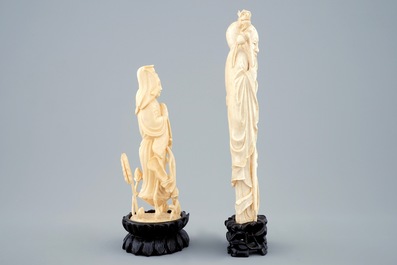 Deux figures en ivoire sculpt&eacute; de Shou Lao et Guanyin, Chine, vers 1900