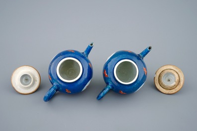 A pair of small Chinese powder blue teapots with roosters, Kangxi