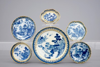 A Chinese blue, white and gilt part tea service with landscapes, Qianlong, 18th C.