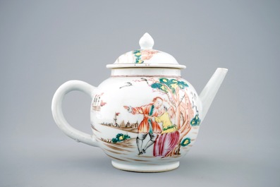 Een Chinese famille rose theepot met Europees decor van het "Afscheid van de zeeman", Qianlong, 18e eeuw
