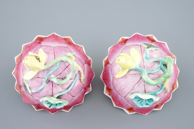 A pair of Chinese famille rose lotus-shaped cups and saucers, Yongzheng, 1723-1735