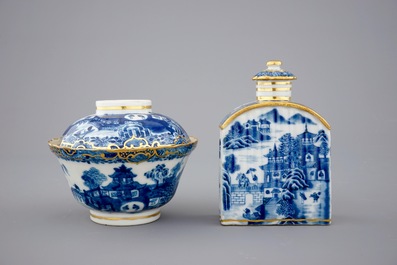A Chinese blue, white and gilt part tea service with landscapes, Qianlong, 18th C.