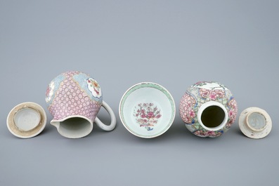 A Chinese famille rose tea caddy, a covered jug and a cup, Yongzheng, 1723-1735