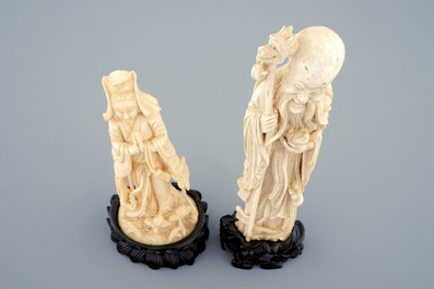 Deux figures en ivoire sculpt&eacute; de Shou Lao et Guanyin, Chine, vers 1900