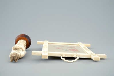 A Chinese Canton ivory frame and a carved figure of Guanyin, 19th C.