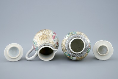 A Chinese grisaille and gilt tea caddy and a covered jug, Yongzheng, 1723-1735