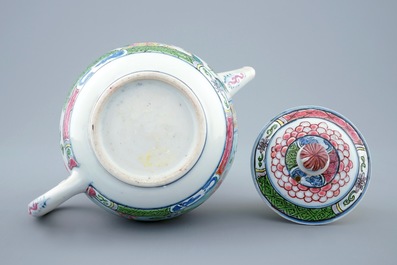 A Chinese London-decorated famille rose teapot and cover with a peacock, Qianlong, 18th C.