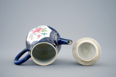 A Chinese famille rose powder blue ground teapot and cover, Yongzheng, 1723-1735