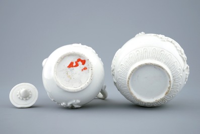 A Chinese blanc de Chine relief-moulded covered jug and a teapot, 18th C.