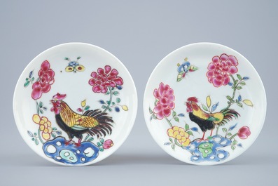 A pair of Chinese famille rose cups and saucers with roosters, Yongzheng, 1723-1735