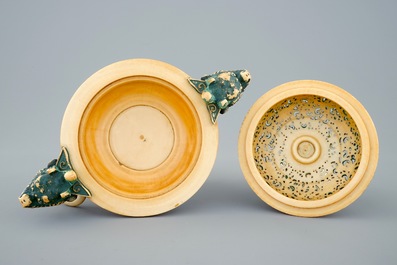 A Chinese polychrome ivory censer with cover on wooden base, 19th C.