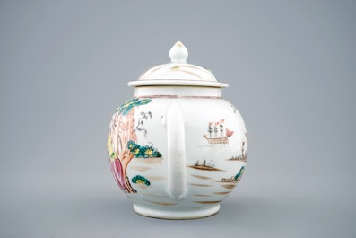 Een Chinese famille rose theepot met Europees decor van het "Afscheid van de zeeman", Qianlong, 18e eeuw
