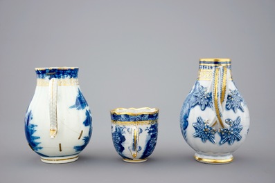 A Chinese blue, white and gilt part tea service with landscapes, Qianlong, 18th C.