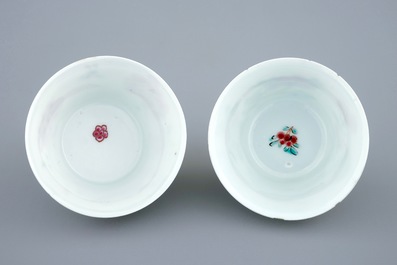 A pair of Chinese famille rose cups and saucers with roosters, Yongzheng, 1723-1735