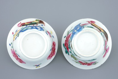 A pair of Chinese famille rose cups and saucers with roosters, Yongzheng, 1723-1735