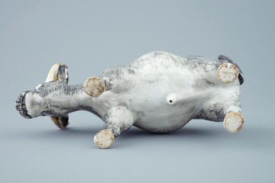 An unusual Chinese grisaille and gilt model of an ox, Qianlong, 18th C.