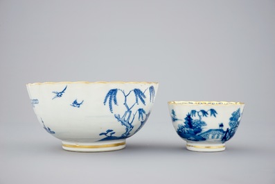A Chinese blue, white and gilt part tea service with landscapes, Qianlong, 18th C.
