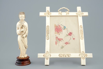 A Chinese Canton ivory frame and a carved figure of Guanyin, 19th C.