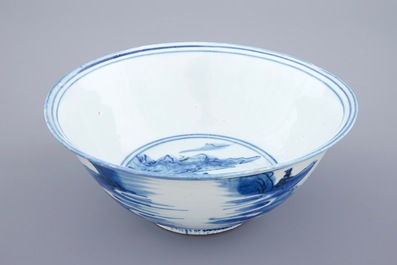Een Chinese blauw-witte kom met landschapsdecor rondom, Ming Dynastie